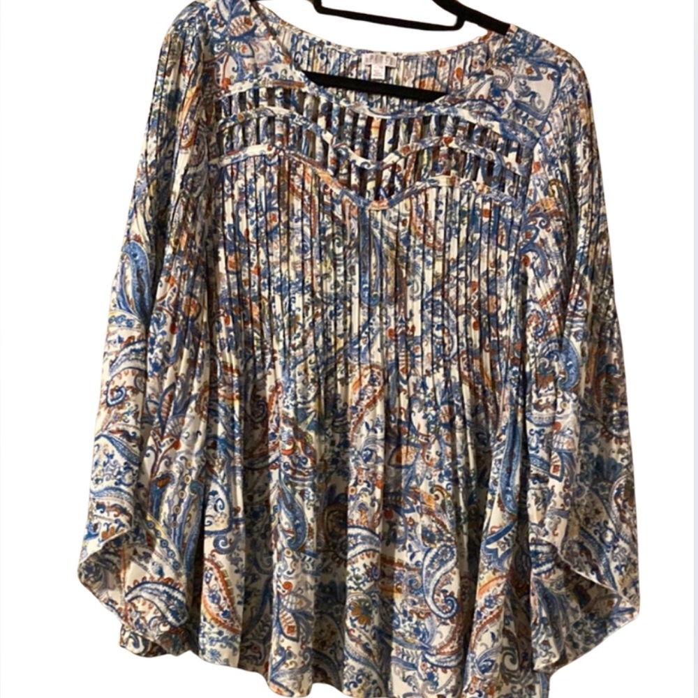 Spense Paisley Pintuck Peasant Blouse in Blue, Cream, Brown